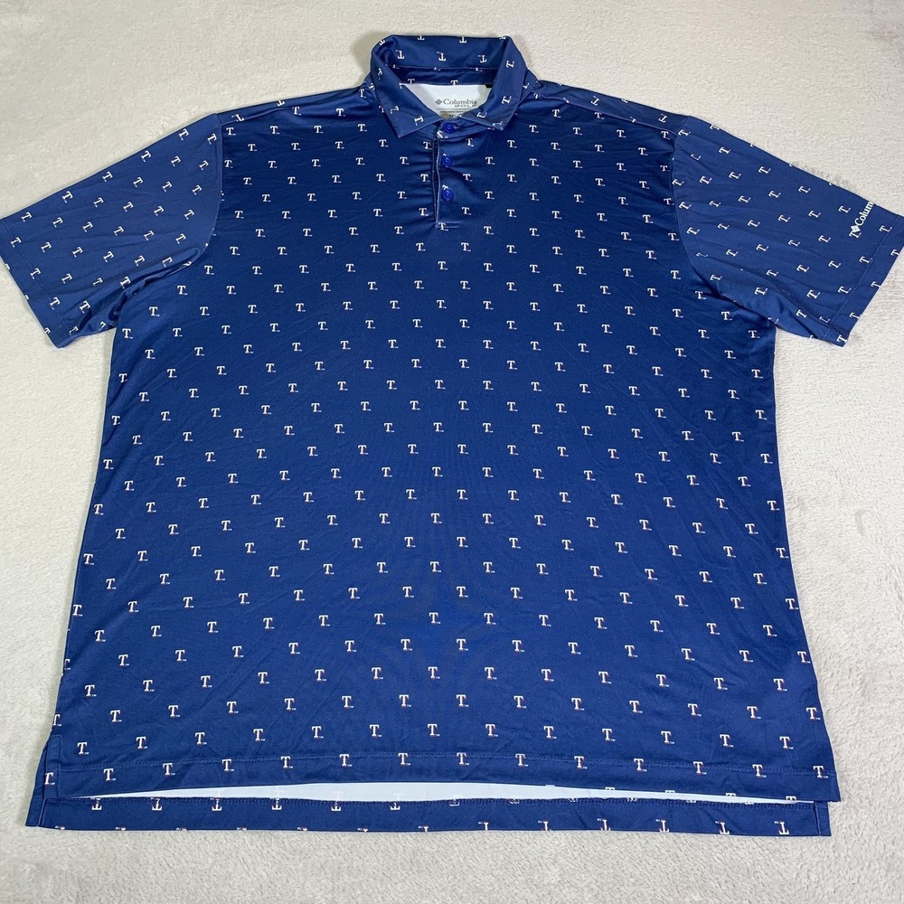 Texas Rangers Shirt Mens 2XL Blue MLB Baseball Columbia Golf All Over T Polo